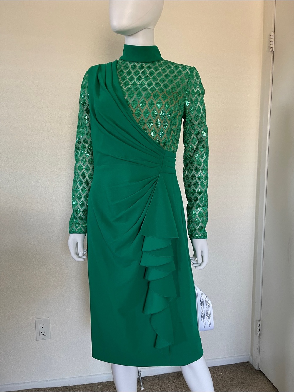 Tadashi Shoji Emerald Green Draped Lace Sleeve Midi Dress